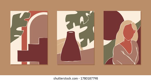 Set of various abstract vertical background for mobile app and social media content with women portrait, plant and abstract shape in modern earth color, minimalistic style. Vector illustration