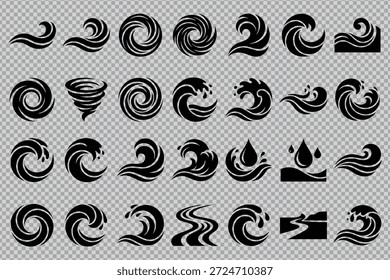 Conjunto de vários símbolos abstratos de onda e espiral para recursos gráficos e de design isolados em plano de fundo transparente