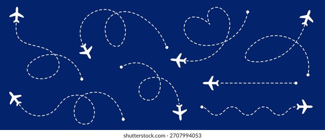 Conjunto de varias rutas de vuelo abstractas de aviones blancos en forma de líneas rectas y curvas, serpentina y corazón sobre un fondo azul marino. Mejor para el diseño de viajes, aviación y navegación. Vector.