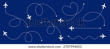 Set of various abstract white airplane flight paths in the form of straight and curved lines, streamer and heart on a navy blue background. Best for travel, aviation and navigation design. Vector.