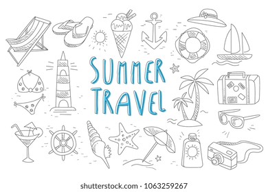 Set with various accessories for beach vacation and sea elements. Summer travel theme. Hand drawn vector design for advertising poster or flyer of tourist agency