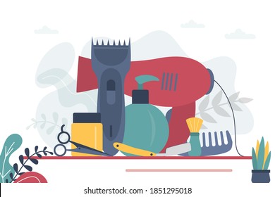 Set of various accessories for hair care. Different tools for styling hair. Equipment for cutting beard. Concept of hairdressing and barber service. Banner in trendy style. Flat vector illustration