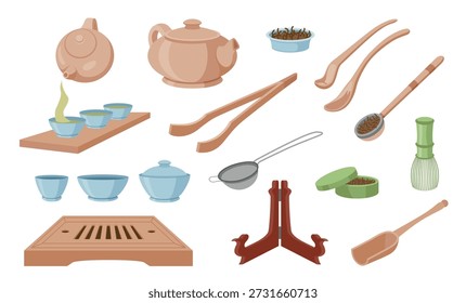 Un conjunto de varios accesorios y artículos para la ceremonia del té. El conjunto incluye una tetera, cuencos y cucharas para la elaboración de té tradicional.