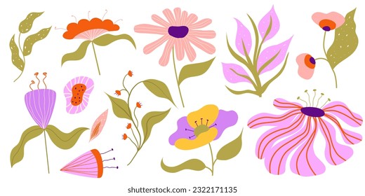 Set of Various Aesthetic Flora Isolated. Flowers and leaves gentle pastel. Flat vector illustration. Aesthetic hand drawn organic plant purple and pink color.