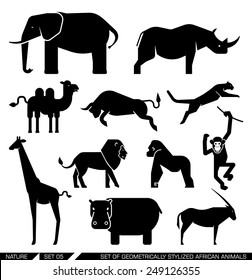 Set of various African animal icons: elephant, rhino, hippo, lion, puma, camel, bull, giraffe, monkey, gorilla. Vector illustration.