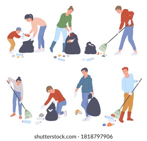 Un grupo de personas de varias edades, personajes de caricatura, recogen basura en bolsas de basura, ilustración plana vectorial aislada en fondo blanco. Voluntarios limpiando el parque público.