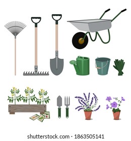 Conjunto de diversas herramientas agrícolas para el cuidado de jardines, plántulas, paquetes de semillas, macetas de flores, guantes, carretillas de jardín, palas y rastrillos, ilustraciones planas vectoriales coloreadas aisladas en fondo blanco.