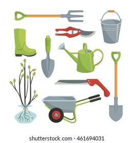 Set of various agricultural tools for garden care, colorful vector flat illustration