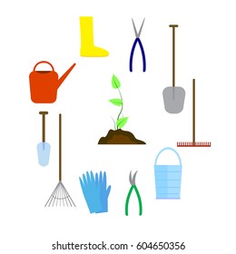 Set of various agricultural tools for garden care, colorful vector flat illustration