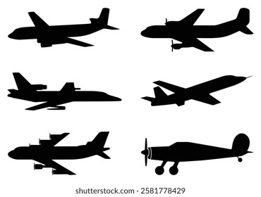 Set of various aircraft silhouettes. isolated vector on white background.