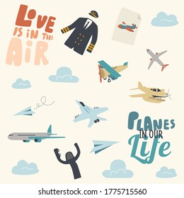 Set von verschiedenen Flugzeugen, kreatives Ornament mit Passagier-, Militär- und Papierflugzeugen Flying in Air. Pilotenvereinheitlichung, Lenkrad und Retro-Luftfahrzeug unter Wolken, Druck. Lineare Vektorgrafik