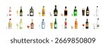 Set of various alcohol bottles and drinking glasses for party celebration. Assortment of beverages, wine, beer and liquor. Flat vector illustration.