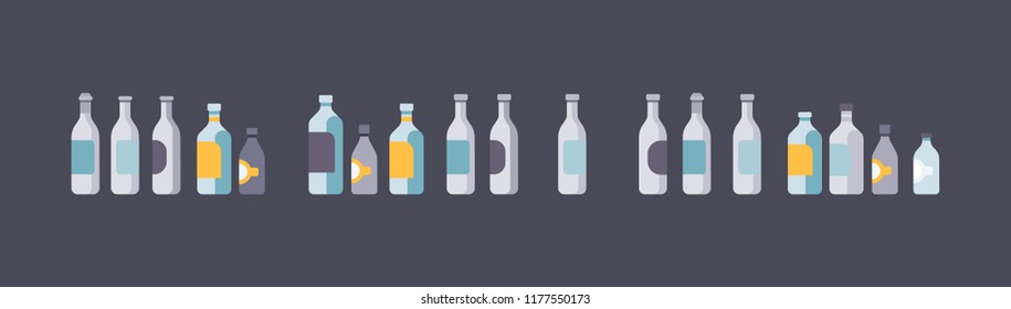 Set of various alcoholic beverages, template of glass bottles, alcoholic drink with screw caps. Blanks, glass containers, packaging, liquid. Vector illustration isolated.