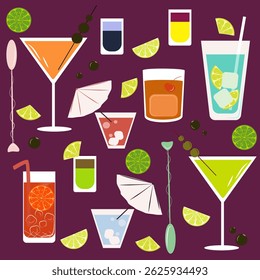 Set of various alcoholic cocktails and shots. Stickers in the form of cocktails, summer cocktails for the beach, party. Stickers, decals, icons in the form of cocktails and shots, for the screensaver,
