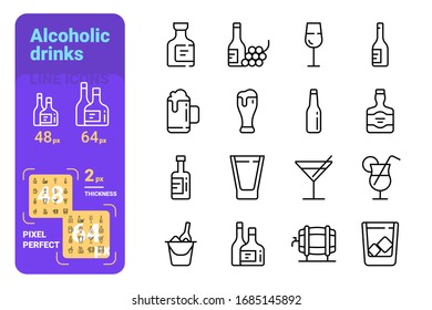 Conjunto de varias bebidas alcohólicas en gafas ilustraciones vectoriales. Iconos de línea con diseño plano de píxeles perfecto. Vino, champán, cerveza, whisky, cóctel