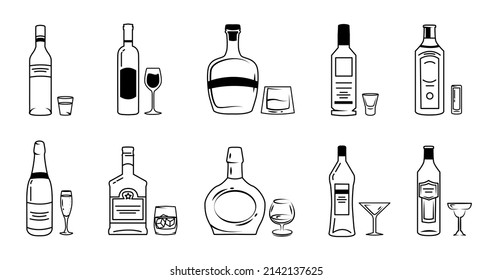 Set Of Various Alcoholic Drinks And Glasses In Doodle Style. Bottles Of Beer, Cognac, Gin, Liquor, Martini, Whiskey, Rum And Other Things In Outline Style.Vector Elements For Menu, Bar, Banner, Poster