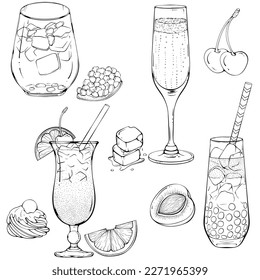 Set of various alcoholic and non-alcoholic cocktails. Vector illustration in hand drawn sketch doodle style. Line art close up drinks and snacks isolated on white. Refreshing cocktails with ice