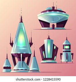 Set of various alien spaceships or futuristic rockets with antennas, neon lights cartoon vector illustration. Science fiction starships for intergalactic travels, future architecture buildings design