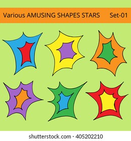 Set various amusing shapes stars different colors