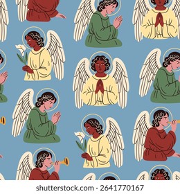 Set of various Angels in colorful robes. Praying angels with horn, flower. Saints, creatures with wings, halos in different poses. Hand drawn Vector illustration. Seamless pattern, wallpaper
