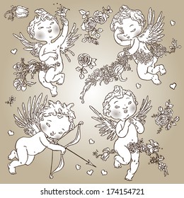 Set of various angels or cupids in different pose or cupids for Wedding and Valentine Decoration. VECTOR. Isolated.