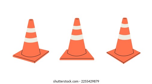 Set of various angle traffic cone isolated on white background. Orange plastic barrier cones to divide the protective zone. Flat vector illustration.