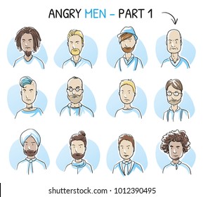 Set of various angry, dissatisfied, enraged men in business and casual clothes, mixed age in negative emotions. Hand drawn cartoon sketch vector illustration, whiteboard marker style coloring.