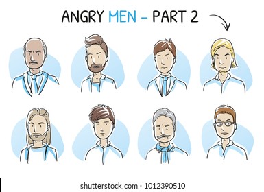 Set of various angry, dissatisfied, enraged men in business and casual clothes, mixed age in negative emotions. Hand drawn cartoon sketch vector illustration, whiteboard marker style coloring.