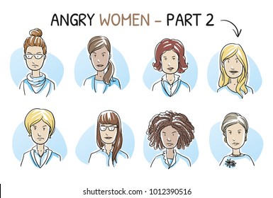 Set of various angry, dissatisfied women in business and casual clothes, mixed age and ethnic groups in negative emotions. Hand drawn cartoon sketch vector illustration, whiteboard marker coloring