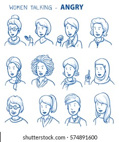 Set of various angry women in business and casual clothes, mixed age and ethnic groups expressing negative emotions. Hand drawn line art cartoon vector illustration.