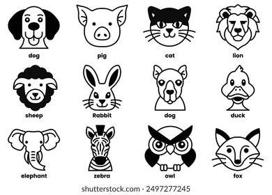 A Set of various animal icons in line style