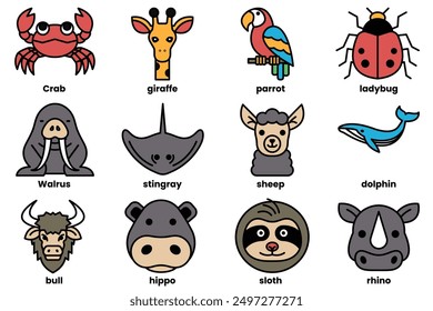 A Set of various animal icons in line style