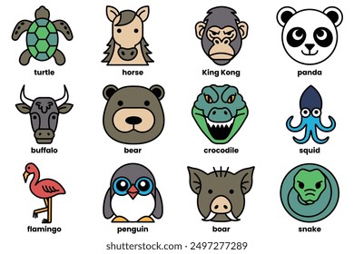 A Set of various animal icons in line style