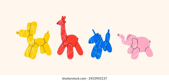 Conjunto de varios animales globos perro, jirafa, unicornio, elefante. Ilustración vectorial de moda.