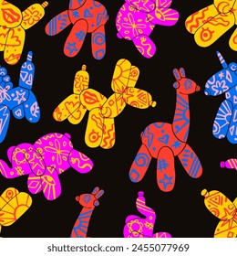 Set of various animals balloons dog, giraffe, unicorn, elephant. Seamless Pattern. Abstraction style. Trendy vector illustration.