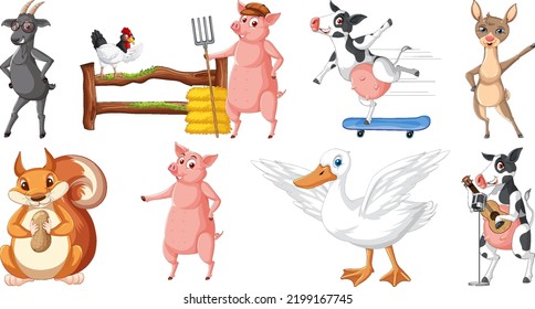 Set of various animals cartoon characters illustration