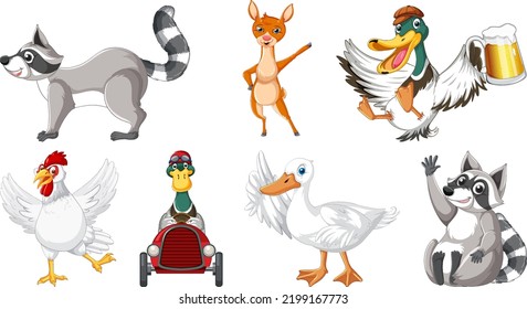 Set of various animals cartoon characters illustration