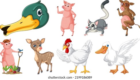 Set of various animals cartoon characters illustration