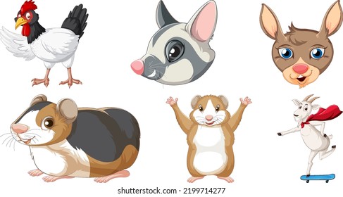 Set of various animals cartoon characters illustration