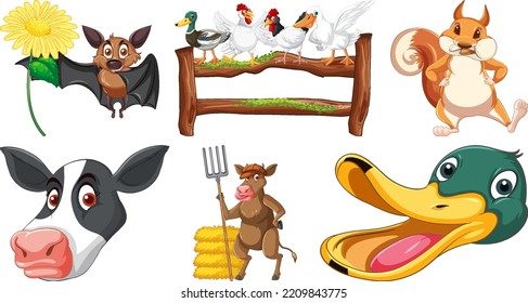 Set of various animals cartoon characters illustration