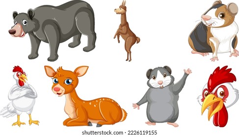 Set of various animals cartoon characters illustration