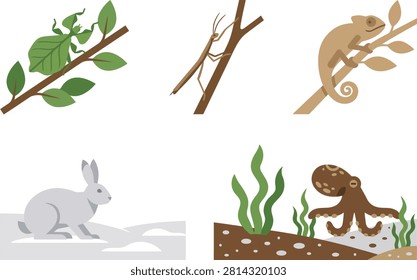 Set of various animals displaying camouflage and habitat adaptation mechanisms with camouflage wildlife adaptation reptiles disguise predator environment chameleon education illustration