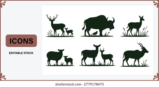 Set of various animals icons in silhouetteon white background for graphicdesign
