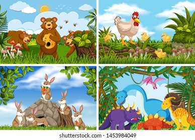 Conjunto de diversos animales en la ilustración de escenas de la naturaleza