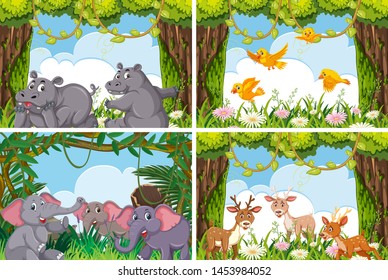 Set of various animals in nature scenes illustration