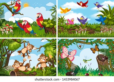 Set of various animals in nature scenes illustration