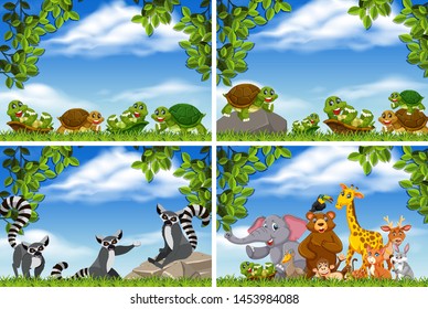 Set of various animals in nature scenes illustration