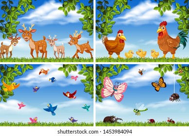 Set of various animals in nature scenes illustration