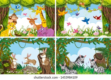 Set of various animals in nature scenes illustration