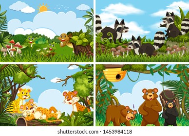 Set of various animals in nature scenes illustration